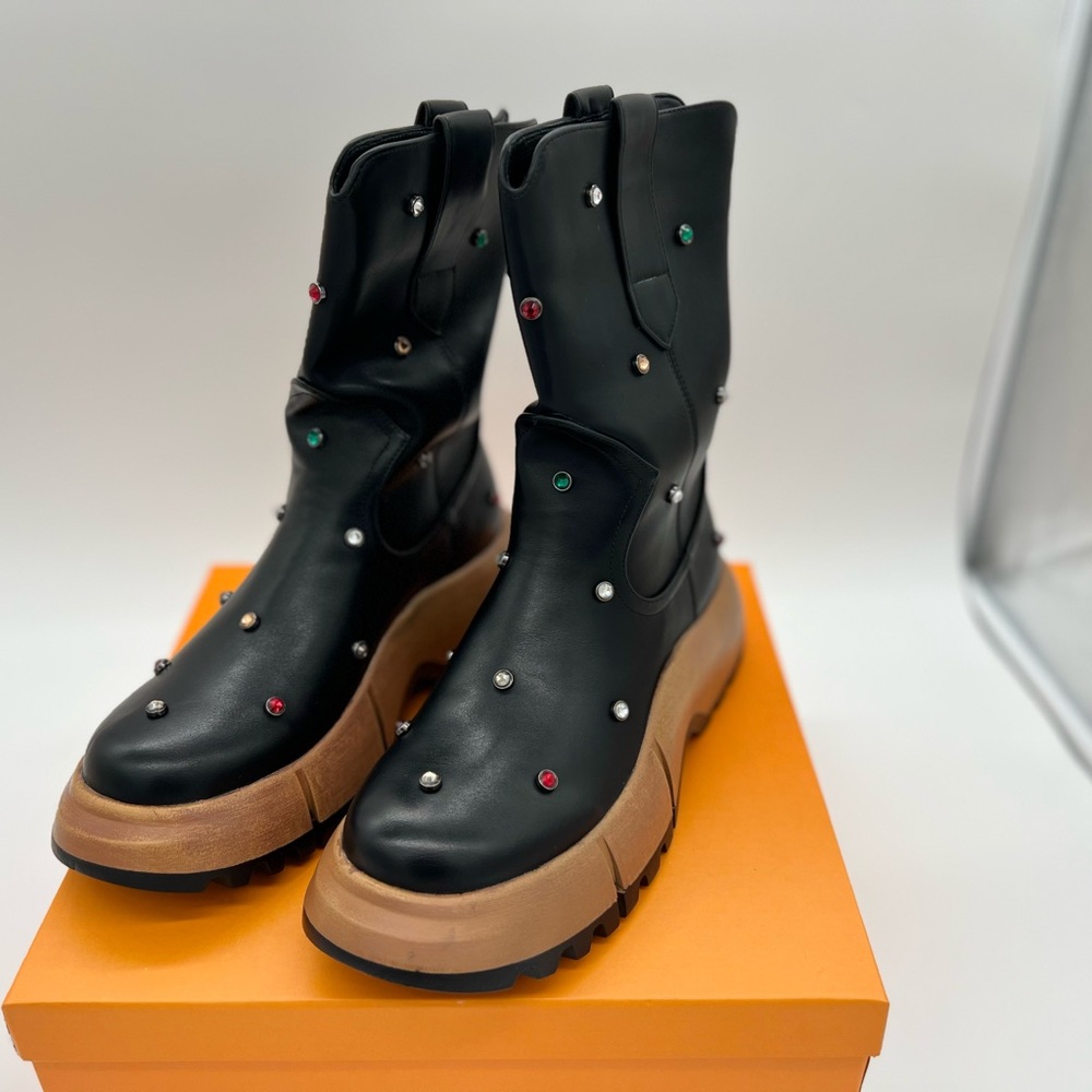 Celbreez Platform Boots for Women Chunky Heel Round Toe Studded Platform